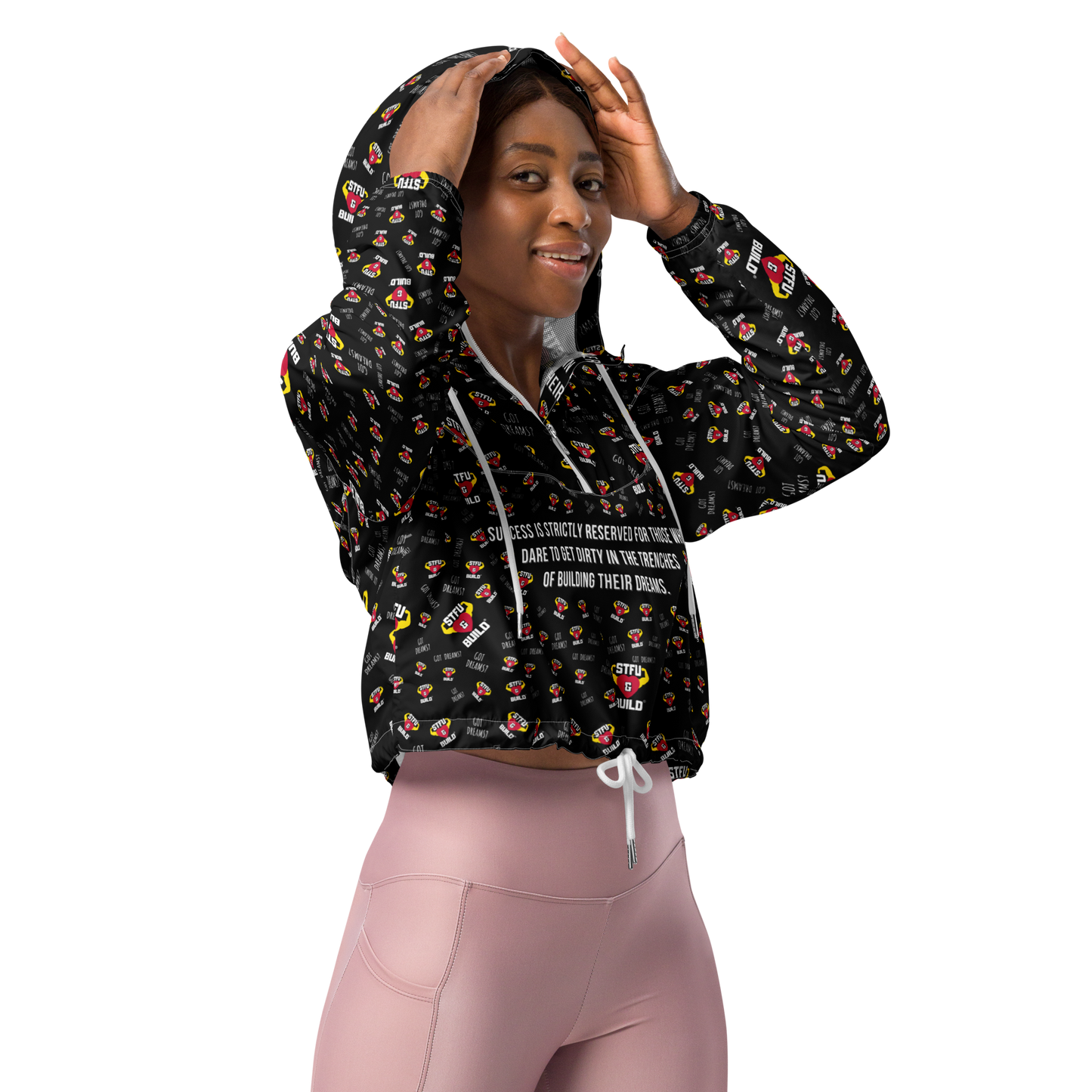 STFU & BUILD® | “Success Is Strictly Reserved — Classic Collage” — Women’s Cropped Windbreaker