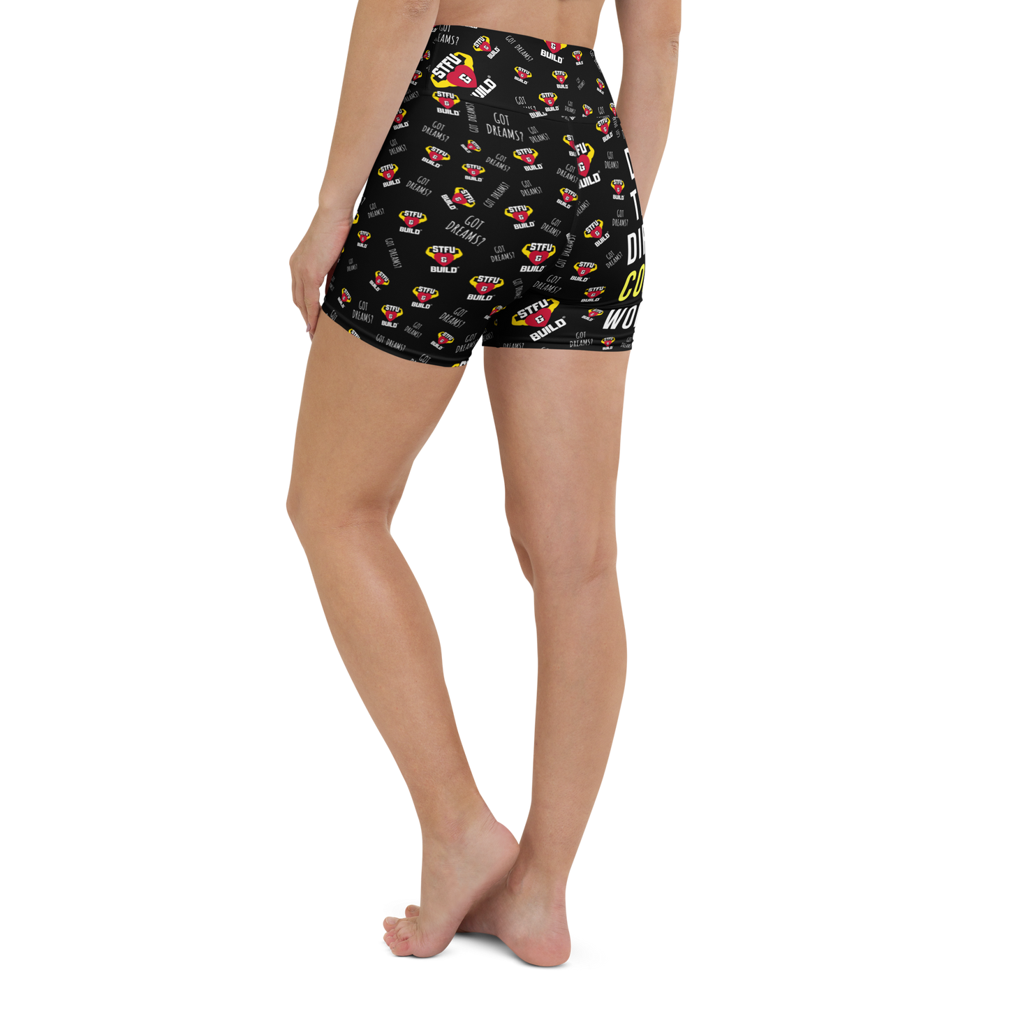 STFU & BUILD® | “Do The Dirty Core Work — Classic Collage” — Women’s Yoga Shorts