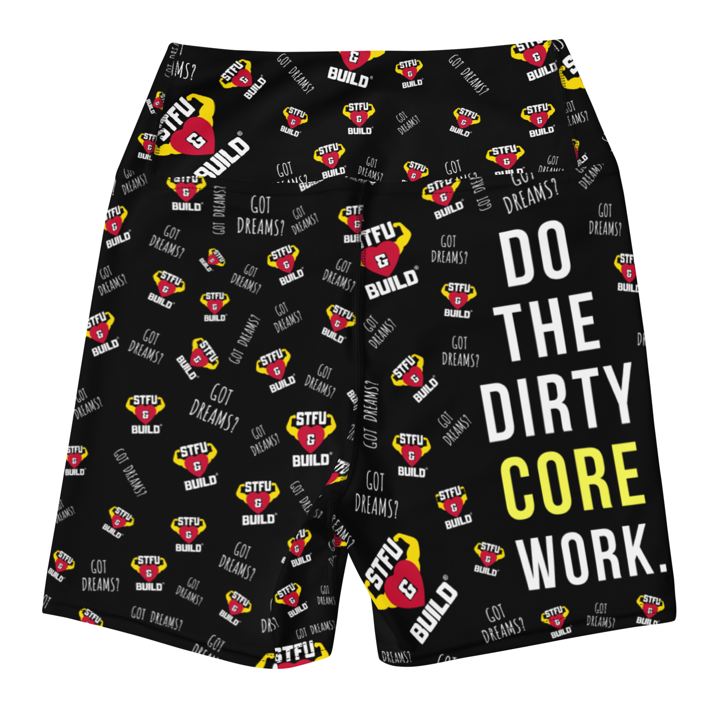 STFU & BUILD® | “Do The Dirty Core Work — Classic Collage” — Women’s Yoga Shorts