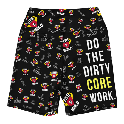 STFU & BUILD® | “Do The Dirty Core Work — Classic Collage” — Women’s Yoga Shorts