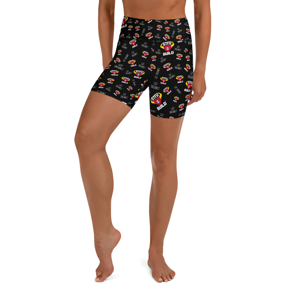STFU & BUILD® | “Do The Dirty Core Work — Classic Collage” — Women’s Yoga Shorts