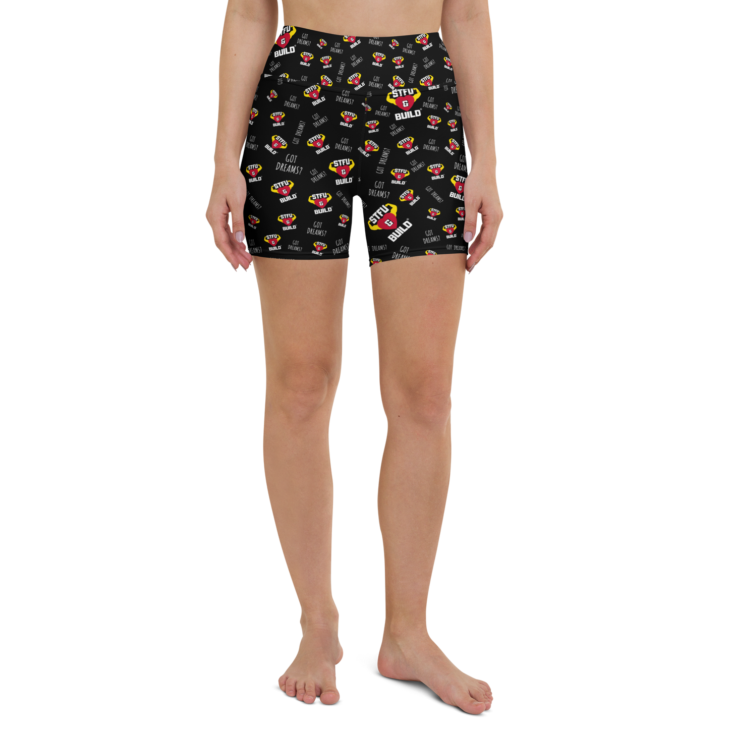 STFU & BUILD® | “Do The Dirty Core Work — Classic Collage” — Women’s Yoga Shorts
