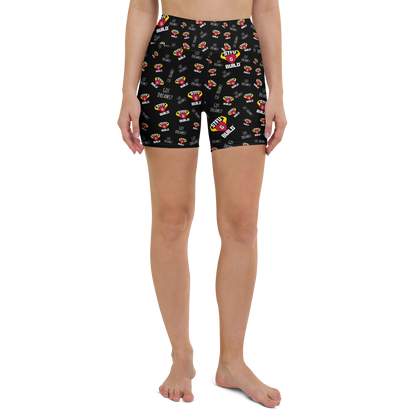 STFU & BUILD® | “Do The Dirty Core Work — Classic Collage” — Women’s Yoga Shorts