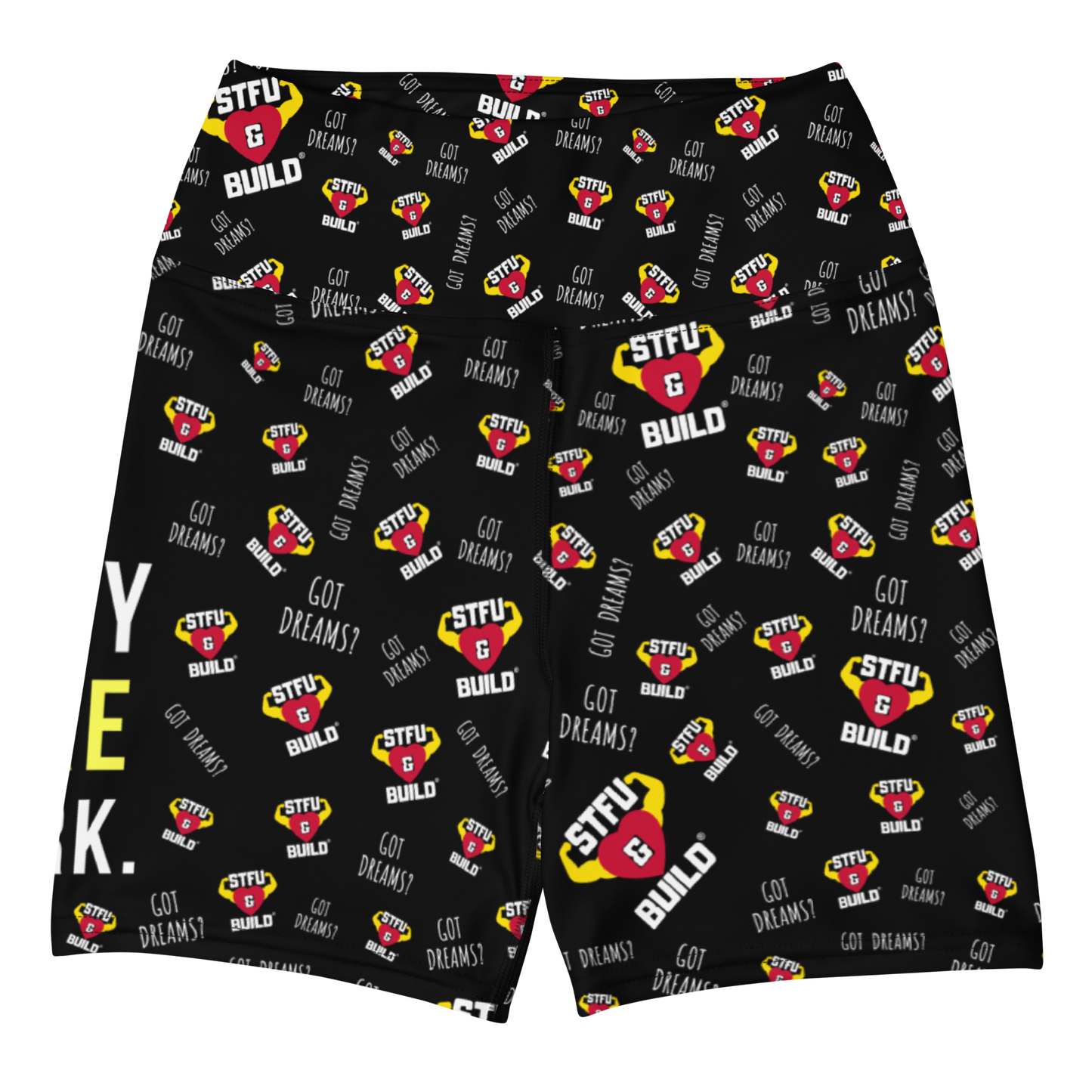 STFU & BUILD® | “Do The Dirty Core Work — Classic Collage” — Women’s Yoga Shorts