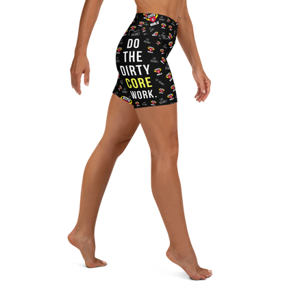 STFU & BUILD® | “Do The Dirty Core Work — Classic Collage” — Women’s Yoga Shorts