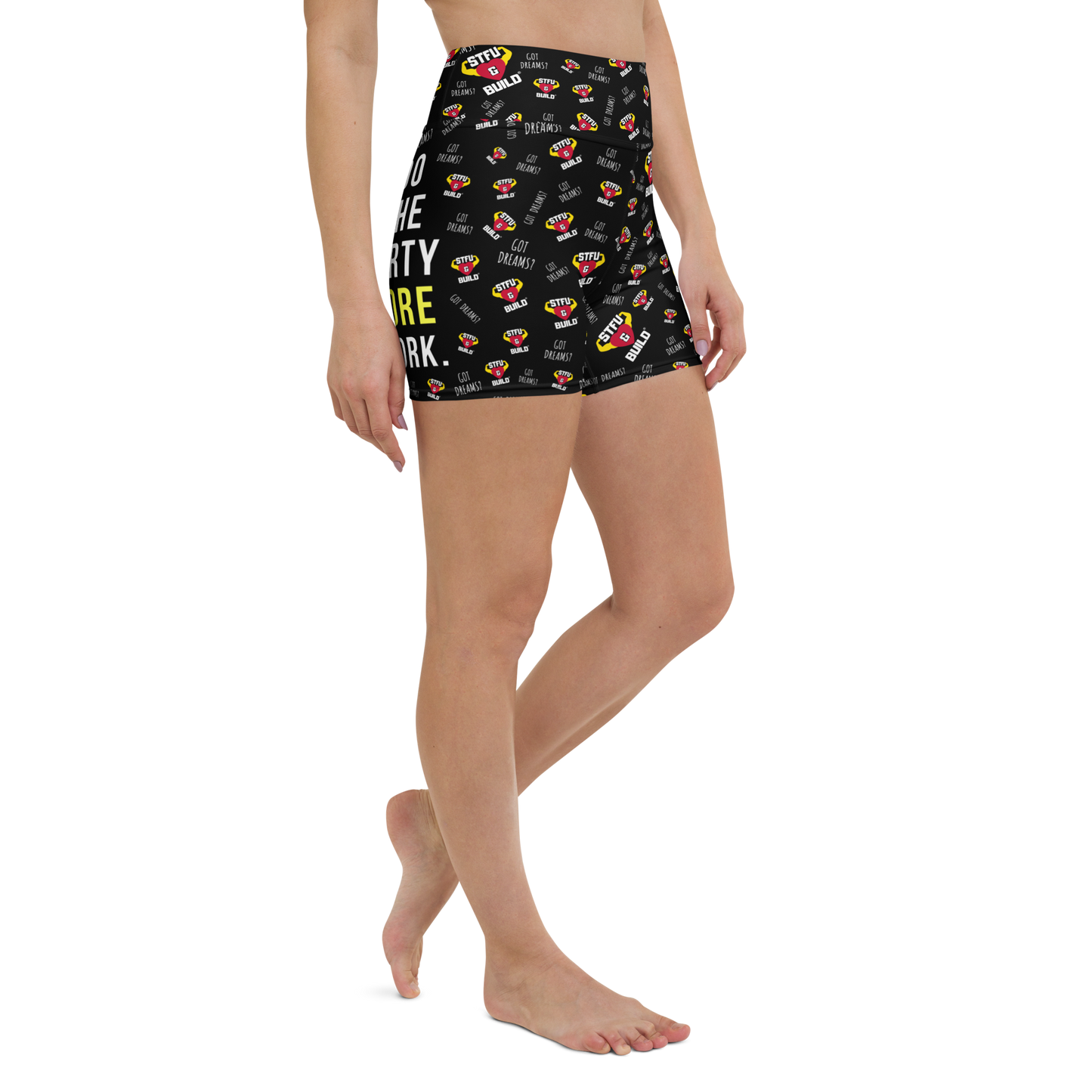 STFU & BUILD® | “Do The Dirty Core Work — Classic Collage” — Women’s Yoga Shorts